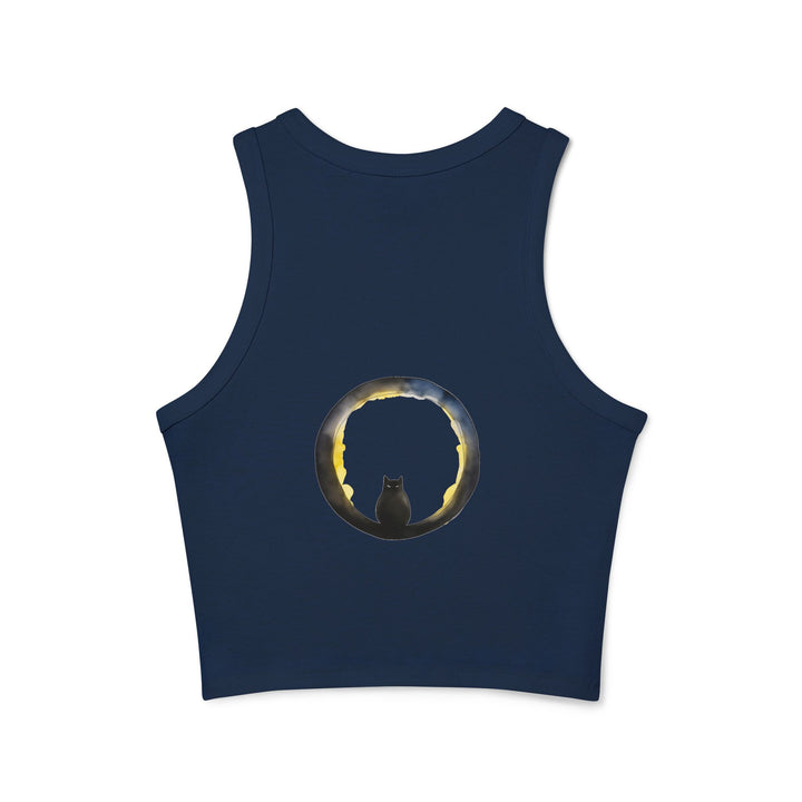 Black Racerback Tank Top for women with moon and cat print