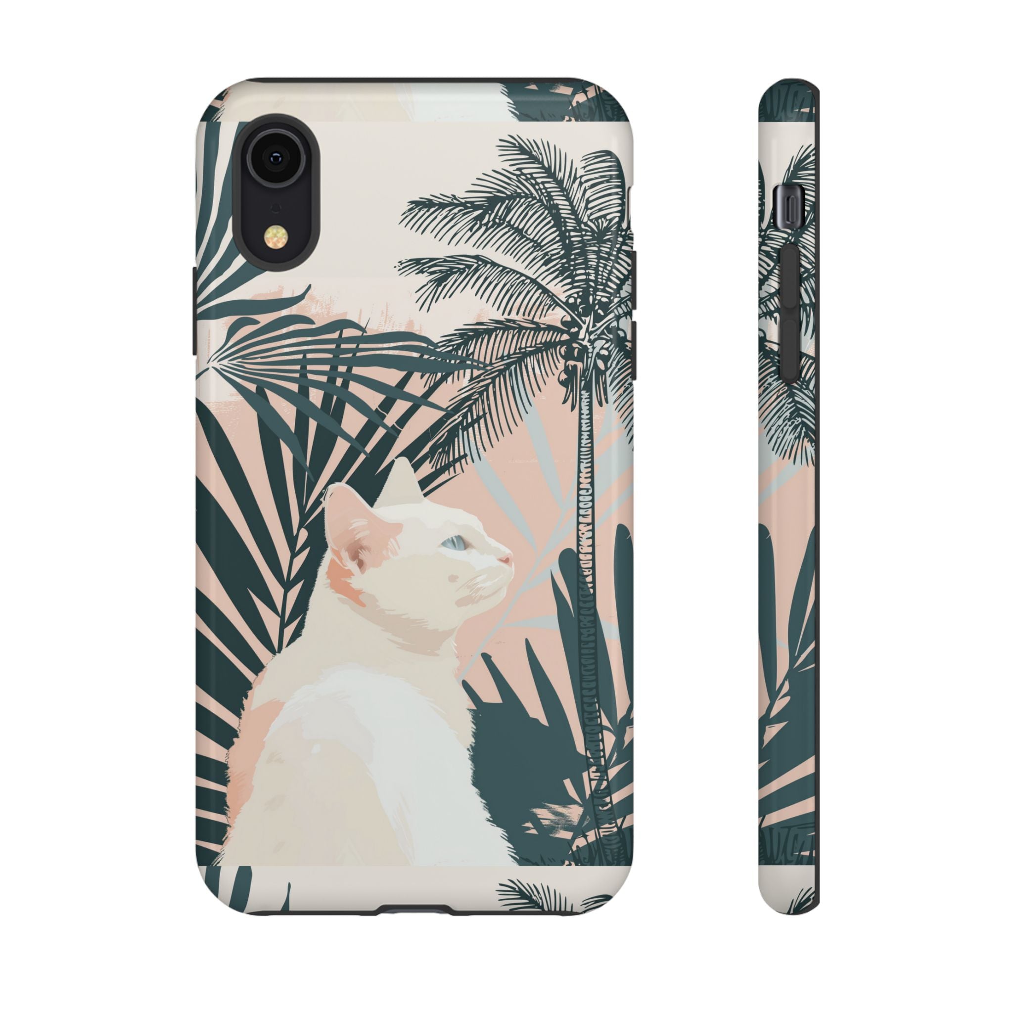 Custodia per telefono con gatto tropicale, motivi di palme lussureggianti e tenui colori pastello