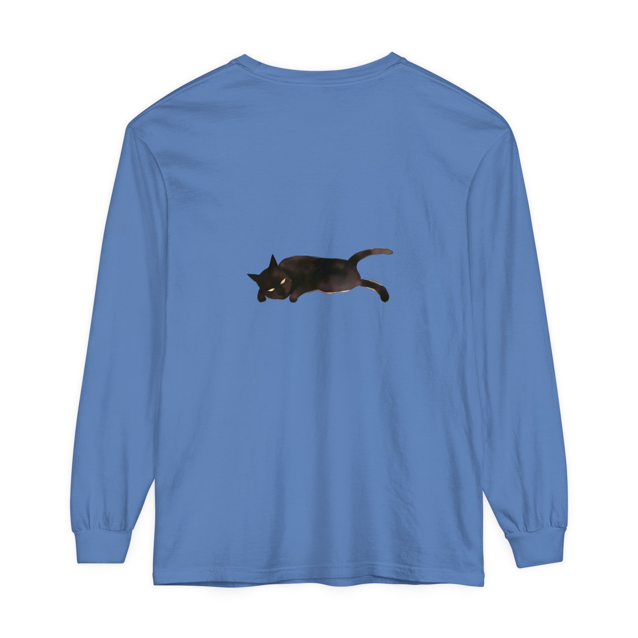 Long sleeve t-shirt with a cute sleeping black cat illustration