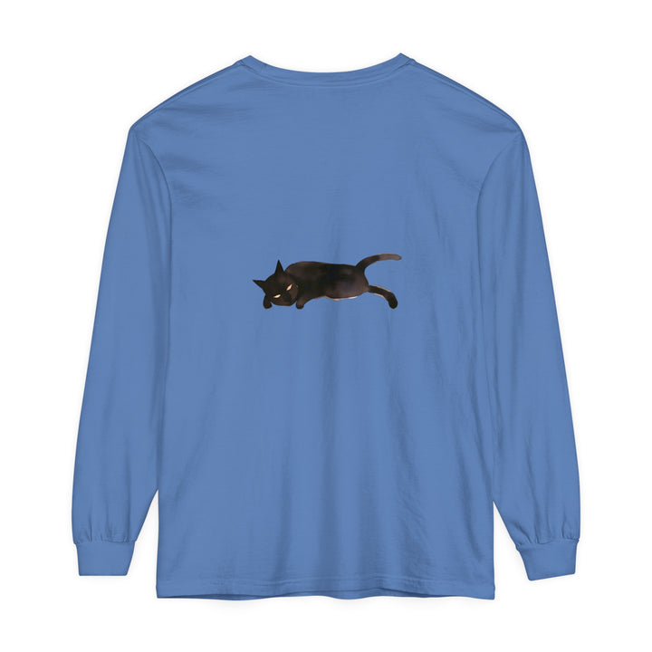 Long sleeve t-shirt with a cute sleeping black cat illustration