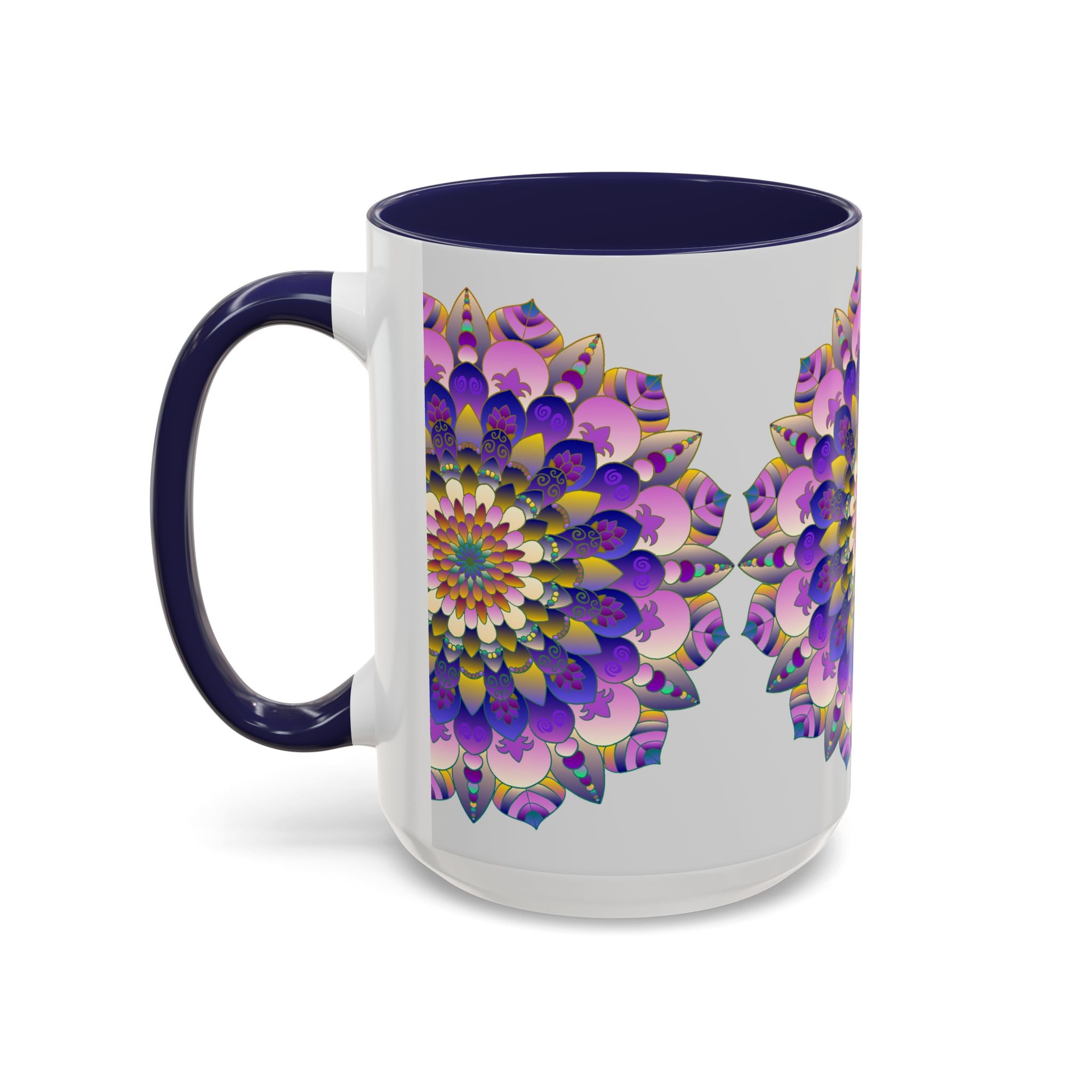 A beautiful ceramic mug featuring a mandala art design with vibrant colors on a grey background, perfect for enjoying your favorite hot beverage