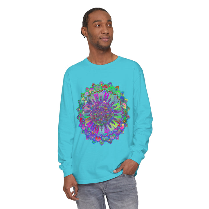 Colorful long sleeve t-shirt featuring a vibrant mandala design on front