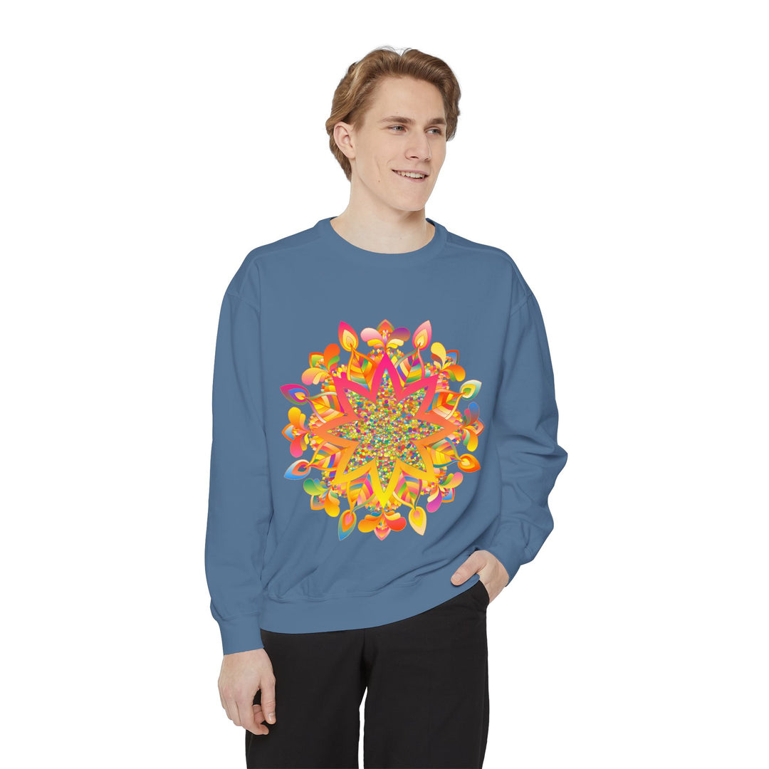 Colorful mandala sweatshirt with intricate design and vibrant patterns for a bohemian and chic look