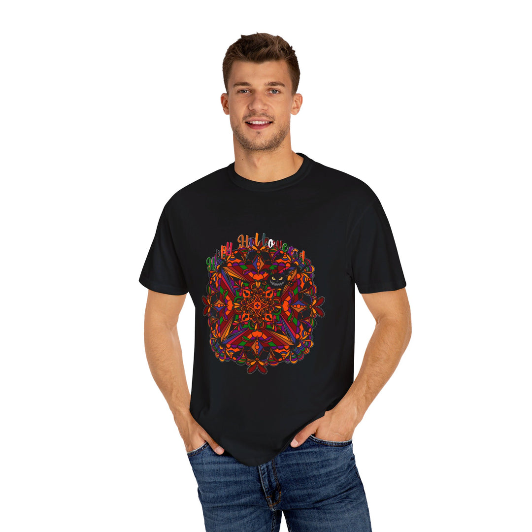 Unisex garment-dyed tee featuring a handmade pumpkin mandala art design for Halloween