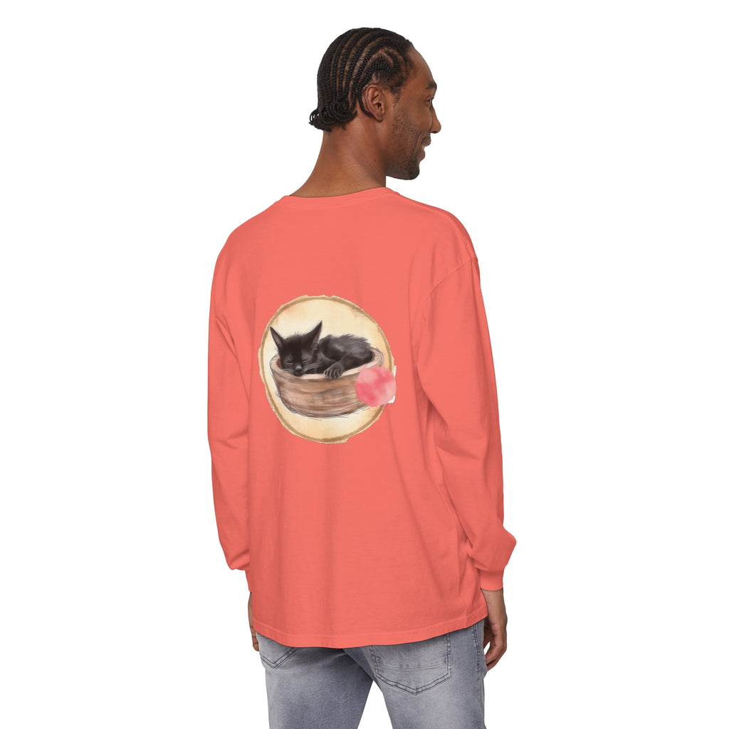 Adorable watercolor illustration of a sleeping cat in a bowl on a long sleeve t-shirt