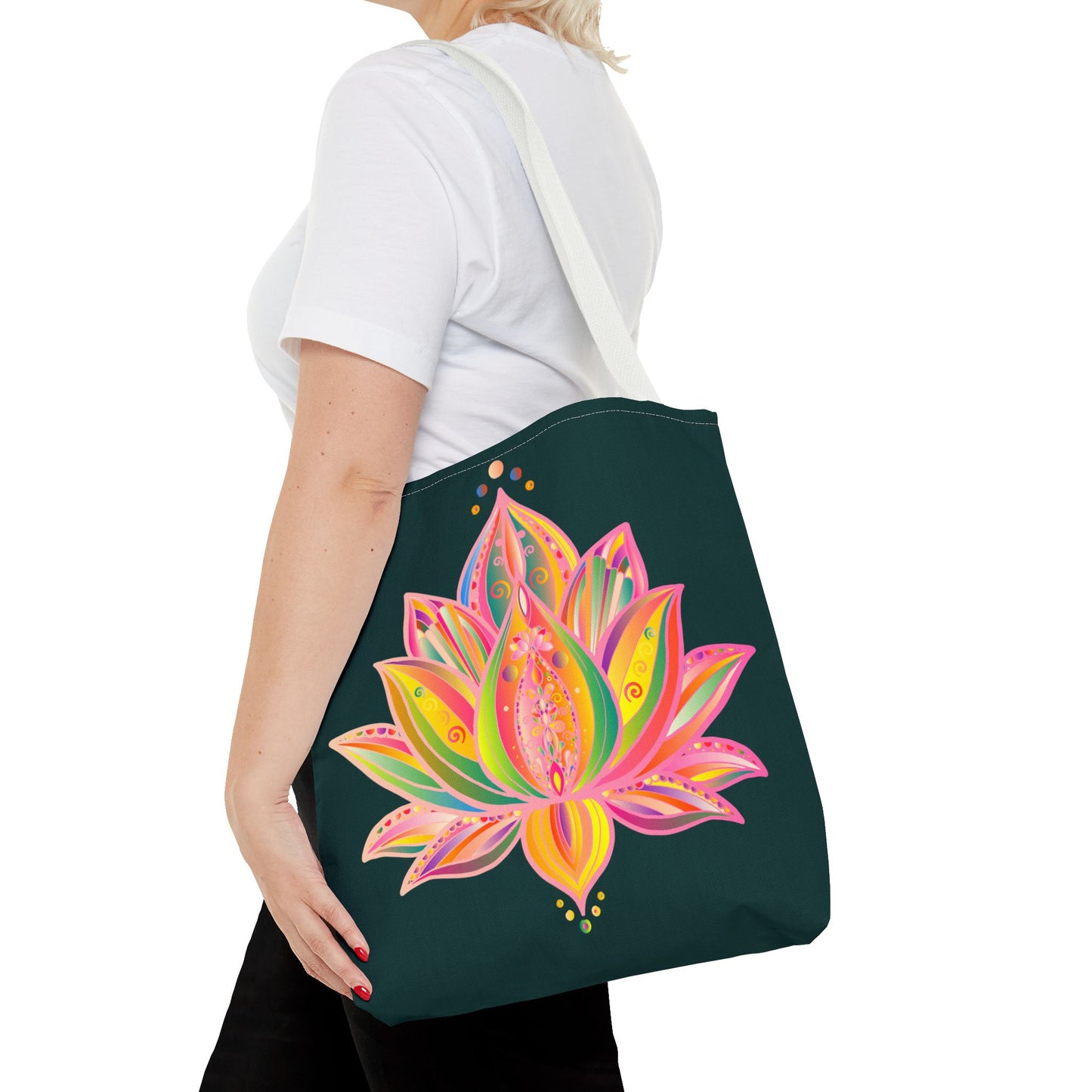 Colorful Mandala Lotus Tote Bag with intricate floral design and durable straps