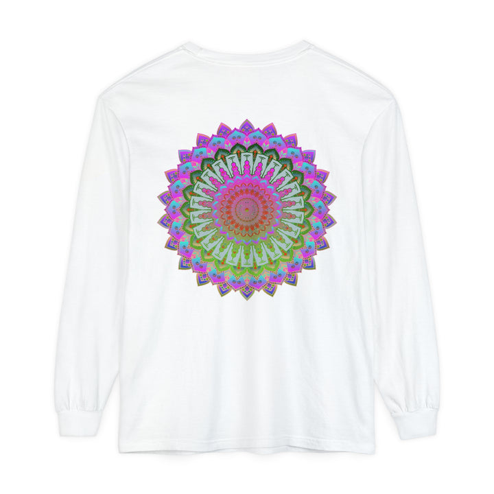 Colorful and intricate mandala design on a unisex long sleeve t-shirt