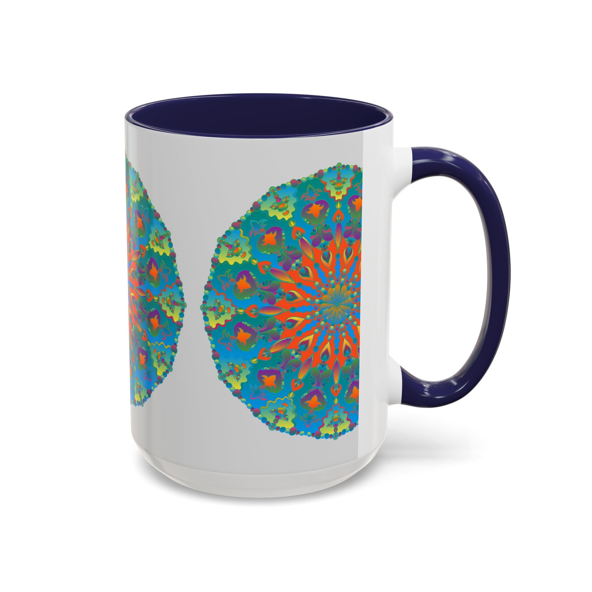 Mandala Art Mug featuring an intricate and mesmerizing blue and green design, perfect for a relaxing and mindful tea or coffee experience