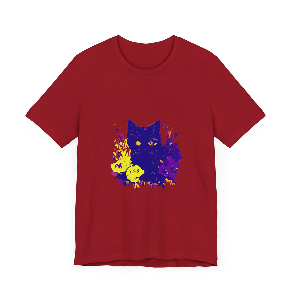 Black Cat Mystery Neon Flower T-Shirt with vibrant floral design on black fabric