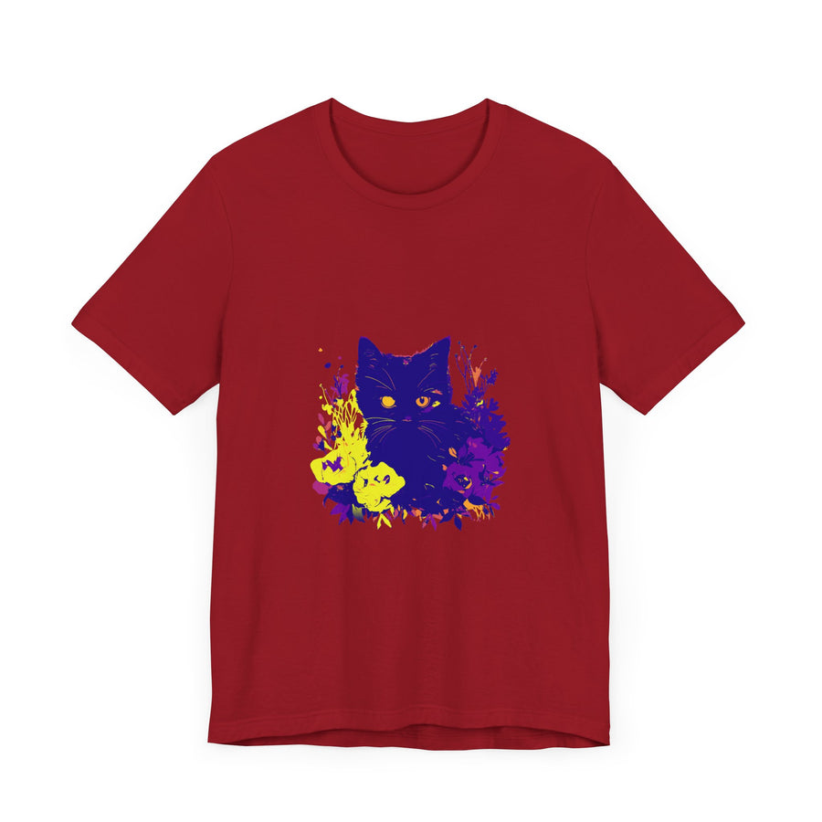 Black Cat Mystery Neon Flower T-Shirt with vibrant floral design on black fabric
