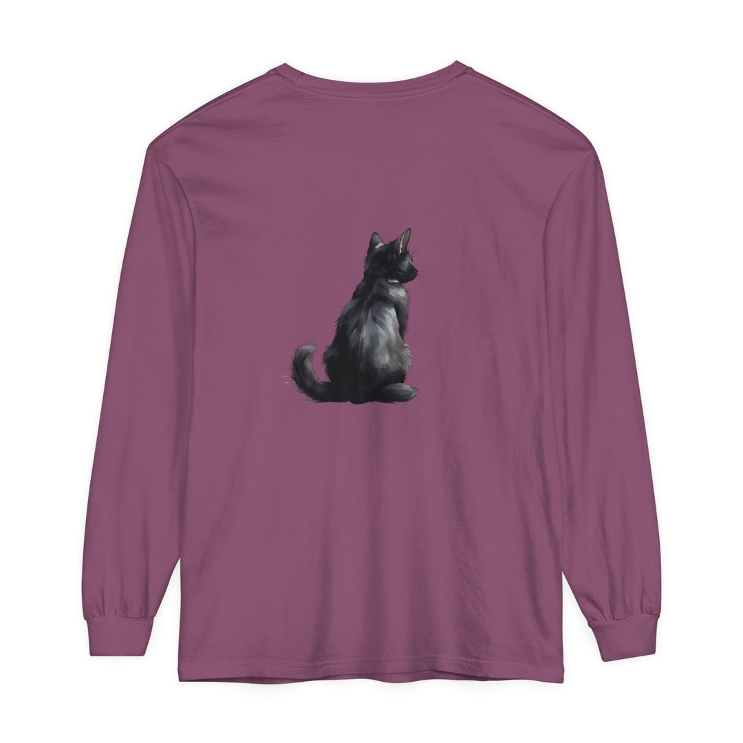 Black Cat Mystery unisex long sleeve tee, black with cat and moon design