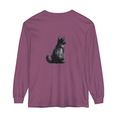 Black Cat Mystery unisex long sleeve tee, black with cat and moon design