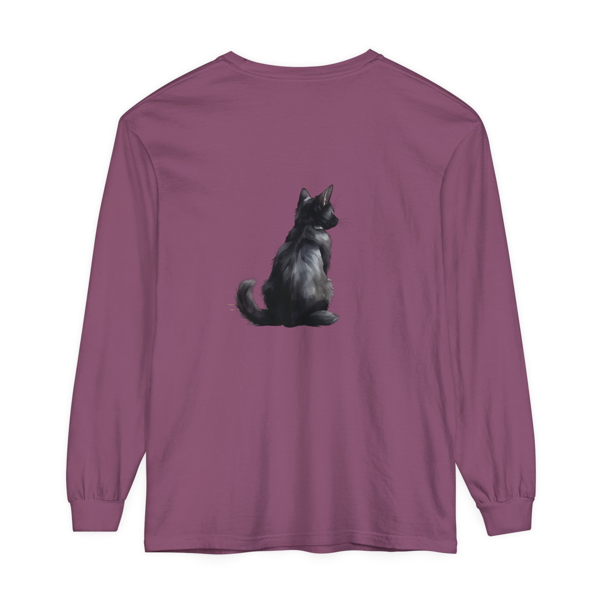 Black Cat Mystery unisex long sleeve tee, black with cat and moon design