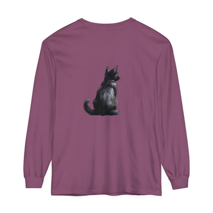 Black Cat Mystery unisex long sleeve tee, black with cat and moon design