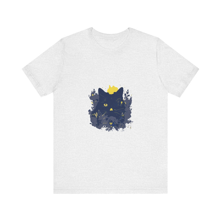 Black Cat Mystery T-Shirt featuring a whimsical flower design on a black background