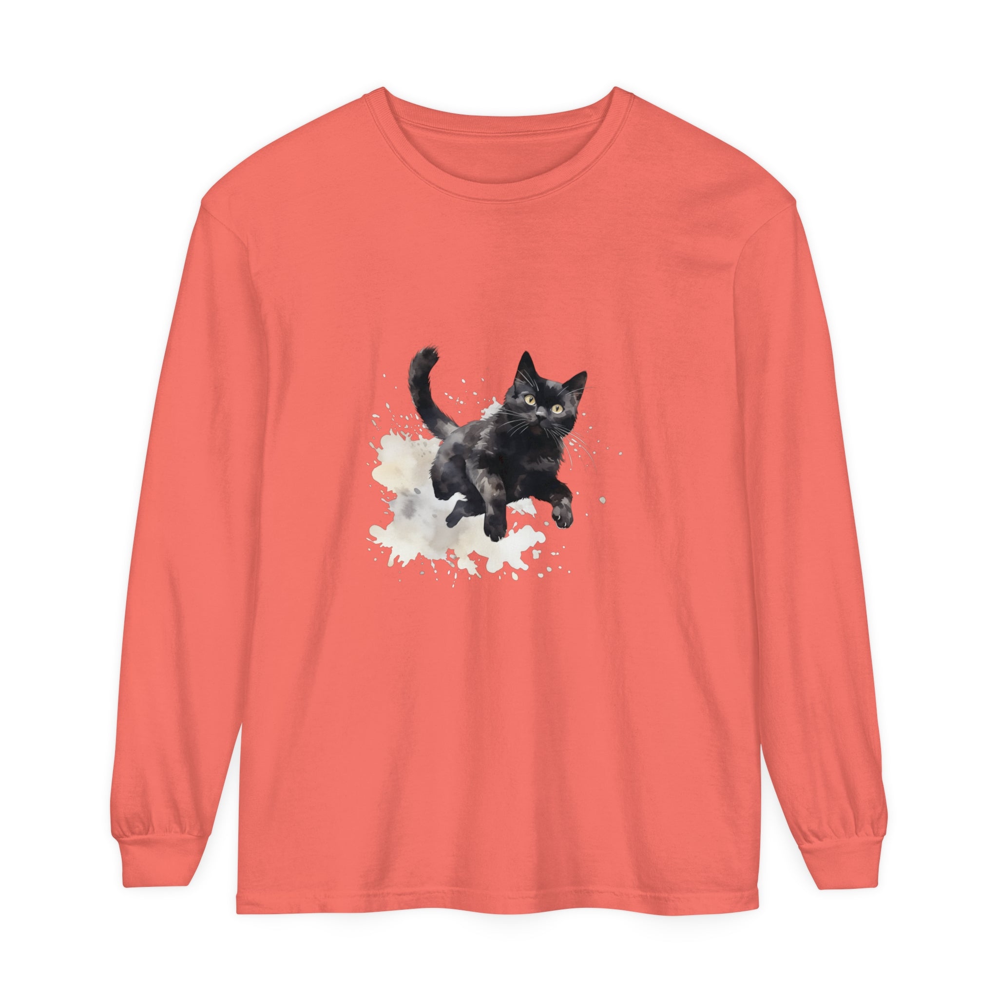 Black Cat Watercolor Splash T-Shirt featuring a playful feline design on a high-quality, comfortable cotton tee