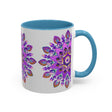 Exquisite purple and gold mandala mug featuring intricate bohemian art design