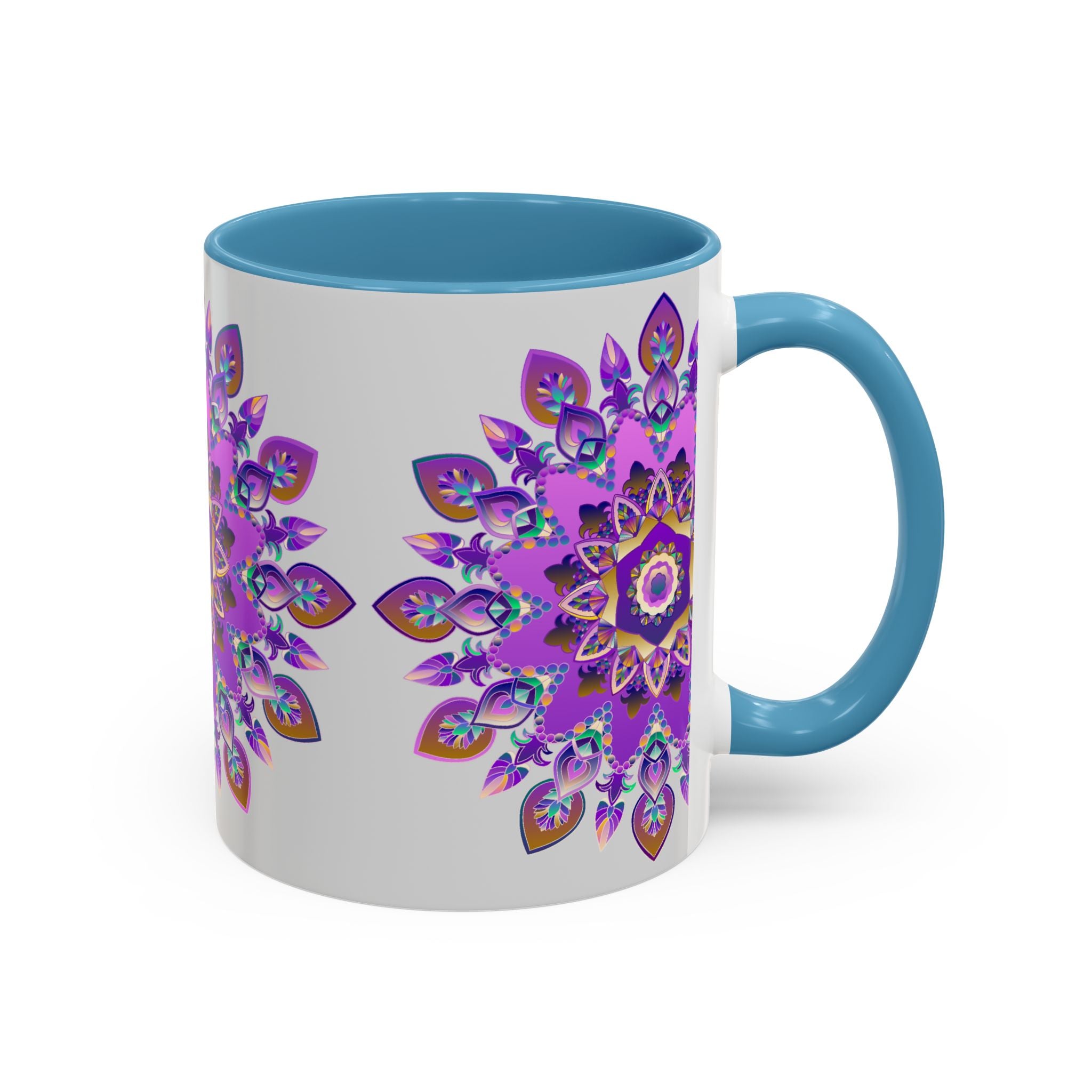 Exquisite purple and gold mandala mug featuring intricate bohemian art design