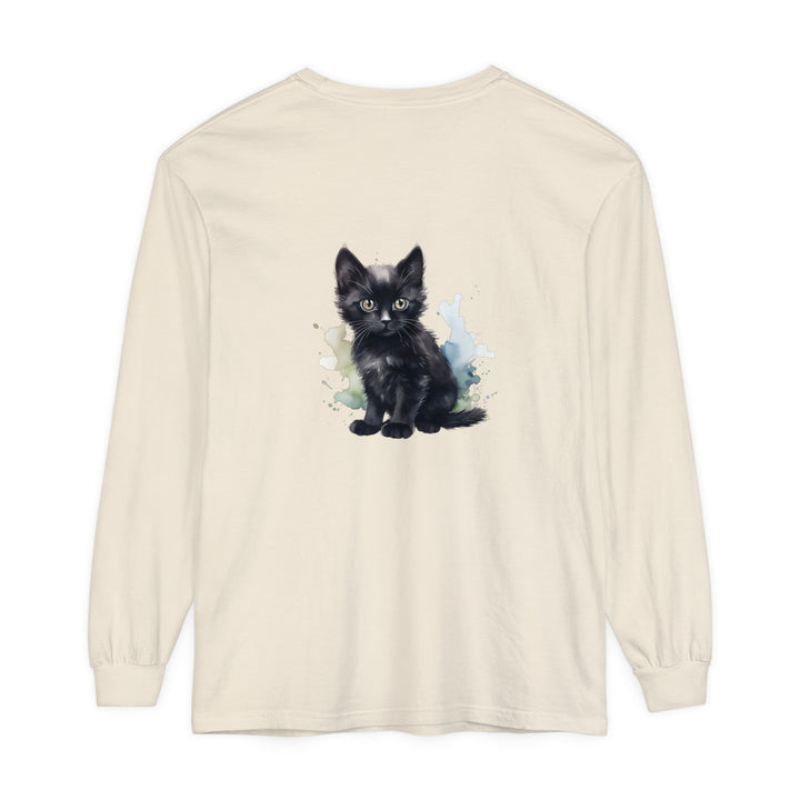 Black watercolor kitten design printed on a comfortable long sleeve t-shirt