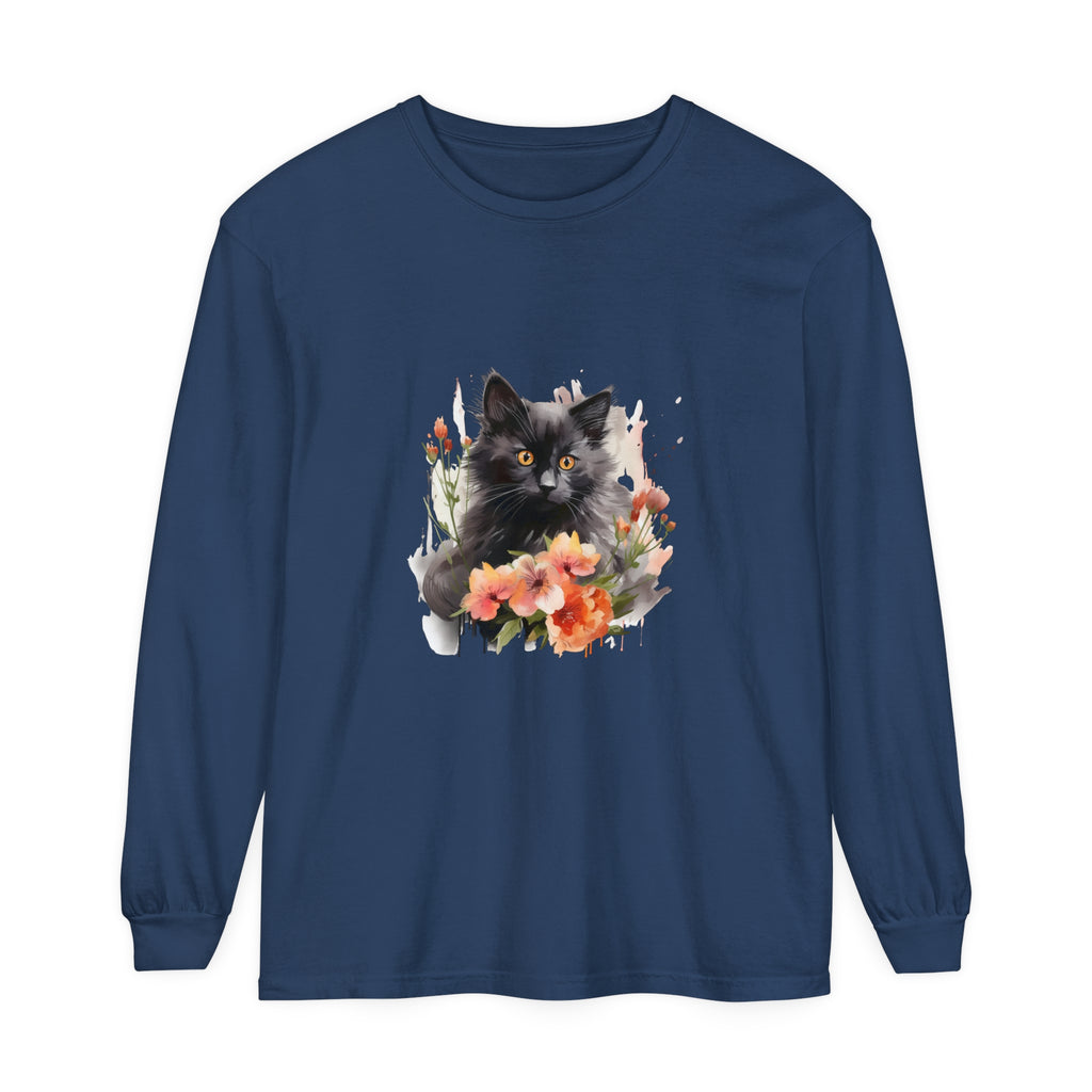 Black Cat & Flowers Watercolor T-Shirt featuring a beautifully detailed watercolor design of a black cat surrounded by vibrant flowers on a high-quality black t-shirt