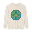 Colorful and intricate psychedelic mandala design on a long sleeve t-shirt