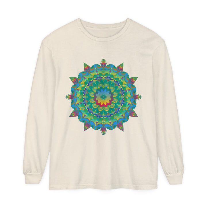 Colorful and intricate psychedelic mandala design on a long sleeve t-shirt