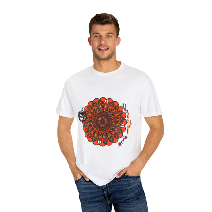 Handmade Pumpkin Mandala T-shirt featuring intricate mandala design in a unisex tee style