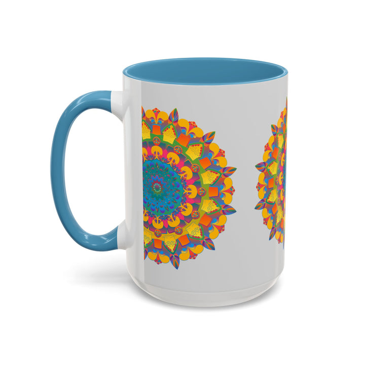 A vibrant and intricate mandala art mug with a colorful floral design