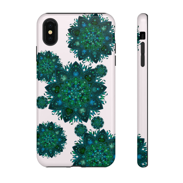 Beautiful light pink and green mandala phone case with a peaceful and intricate design for a stylish and calming accessory