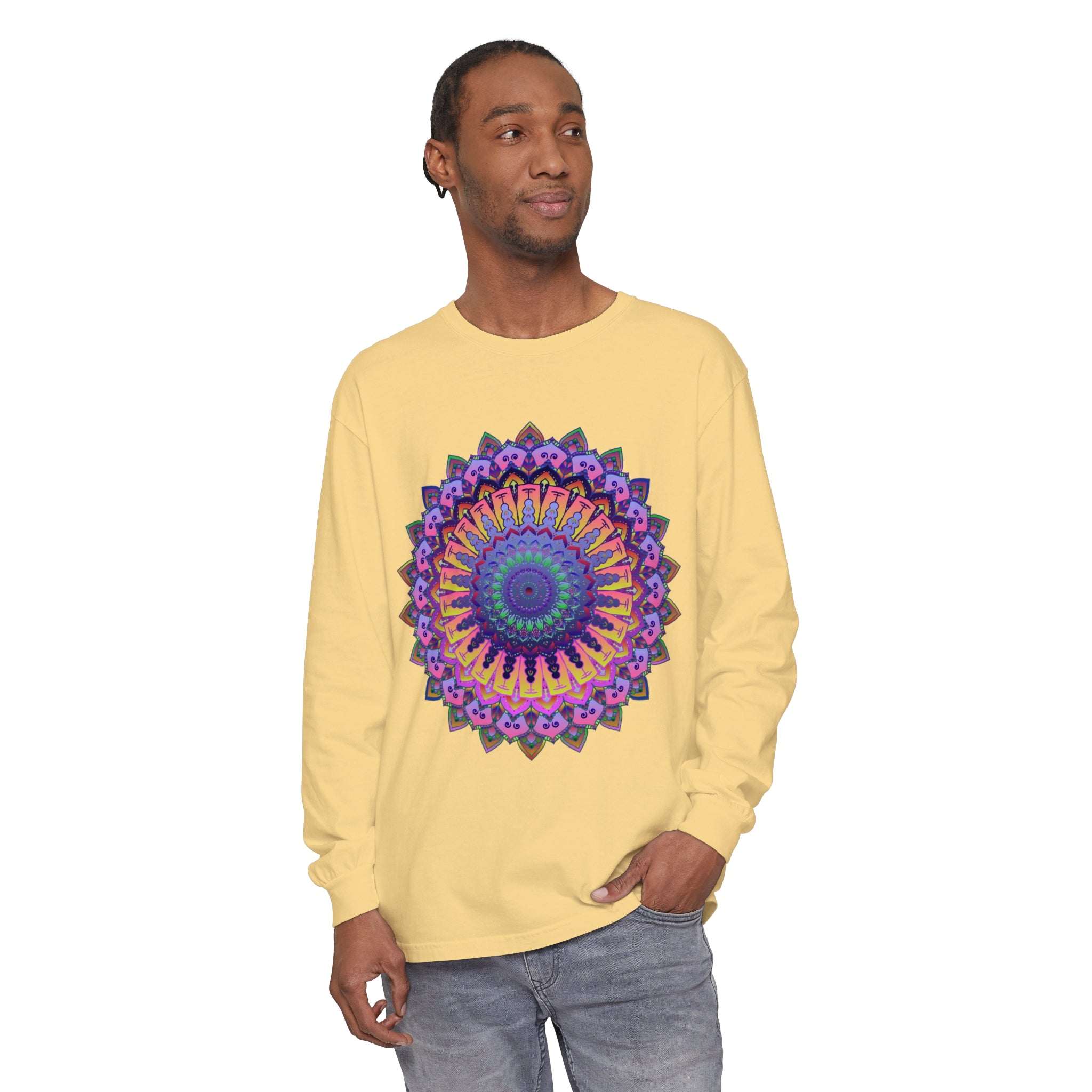 A close-up image of a black unisex long sleeve t-shirt featuring an intricate mandala design on the front, perfect for casual and comfortable wear