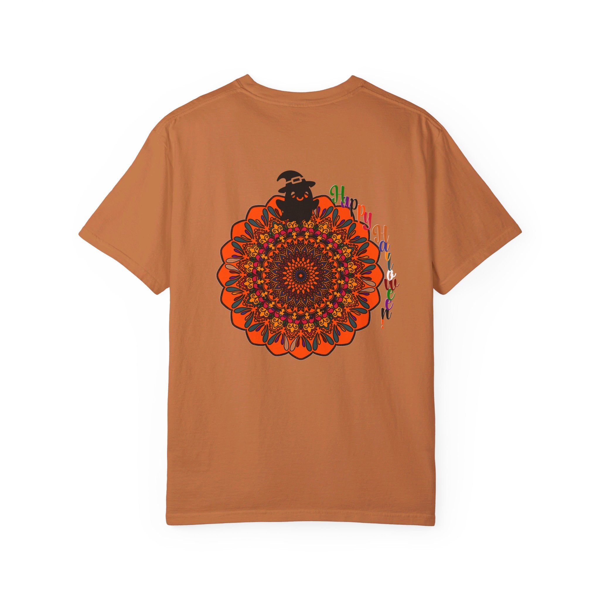 A close-up photo of a unisex Halloween Mandala T-shirt featuring handmade pumpkin mandala art on a garment-dyed tee