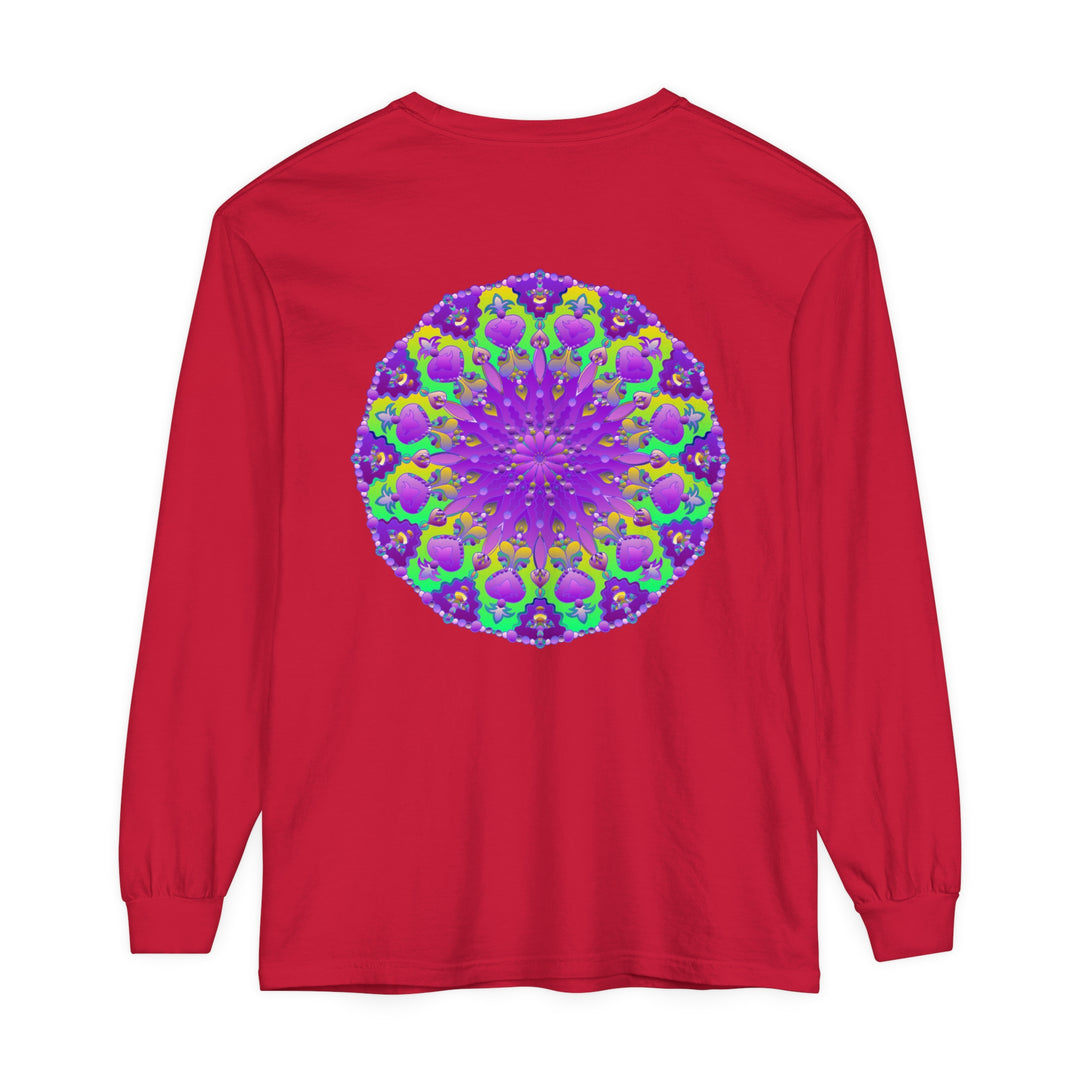 Vibrant purple and green mandala long sleeve t-shirt with intricate design