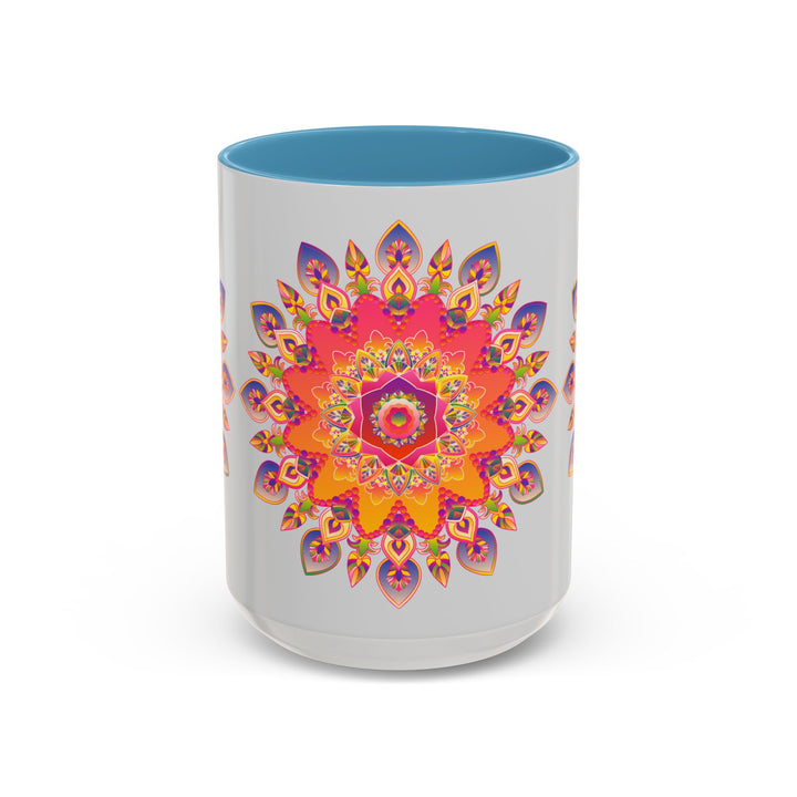 Vibrant Mandala Art Mug with intricate patterns on a grey background