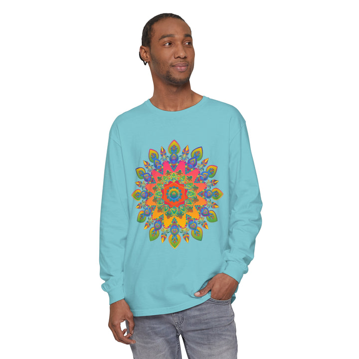 Vibrant Mandala Unisex Long Sleeve T-Shirt featuring a colorful and intricate mandala design on a comfortable, high-quality fabric