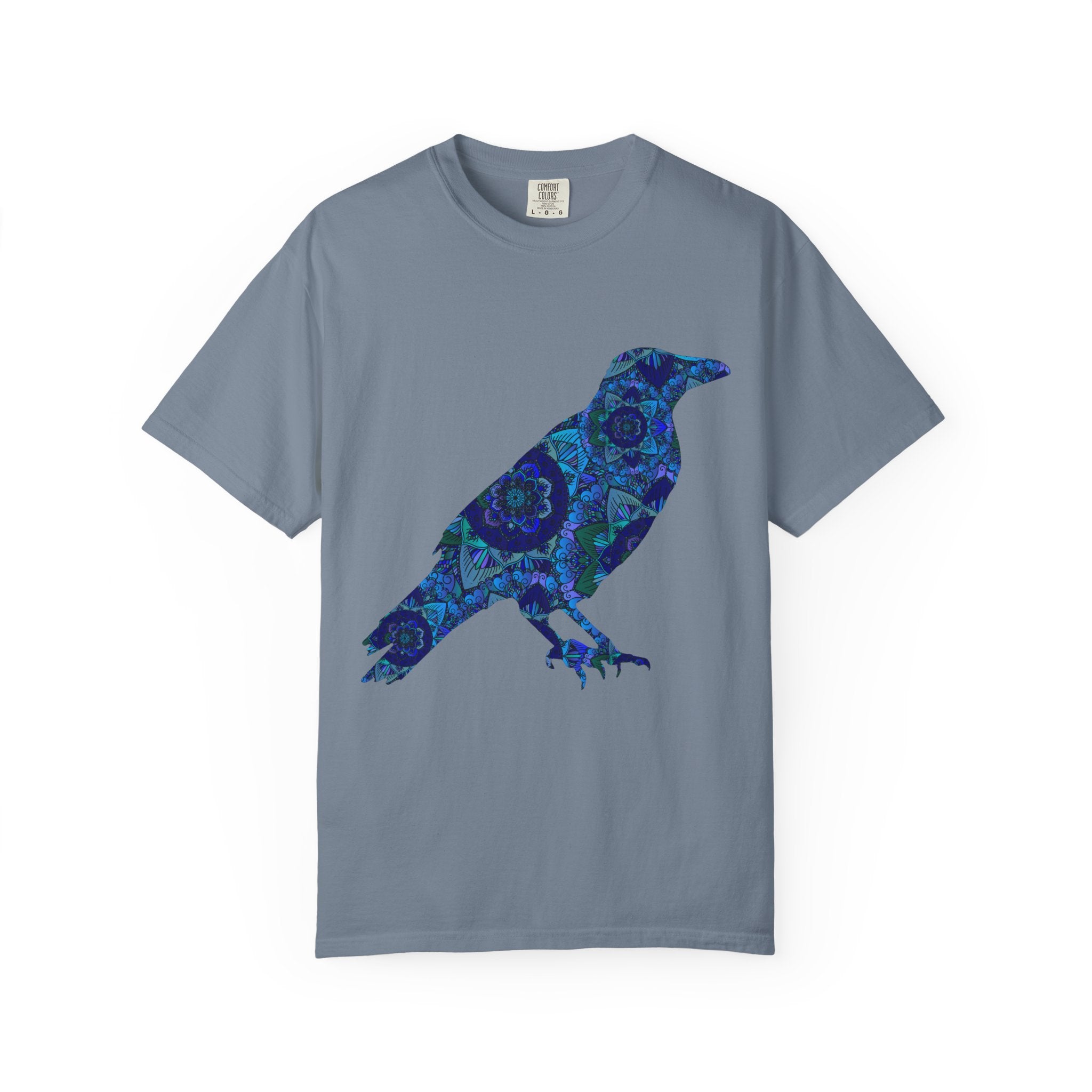 Maglietta con stampa corvo mandala blu — Maglietta grafica con corvo Inner Protection