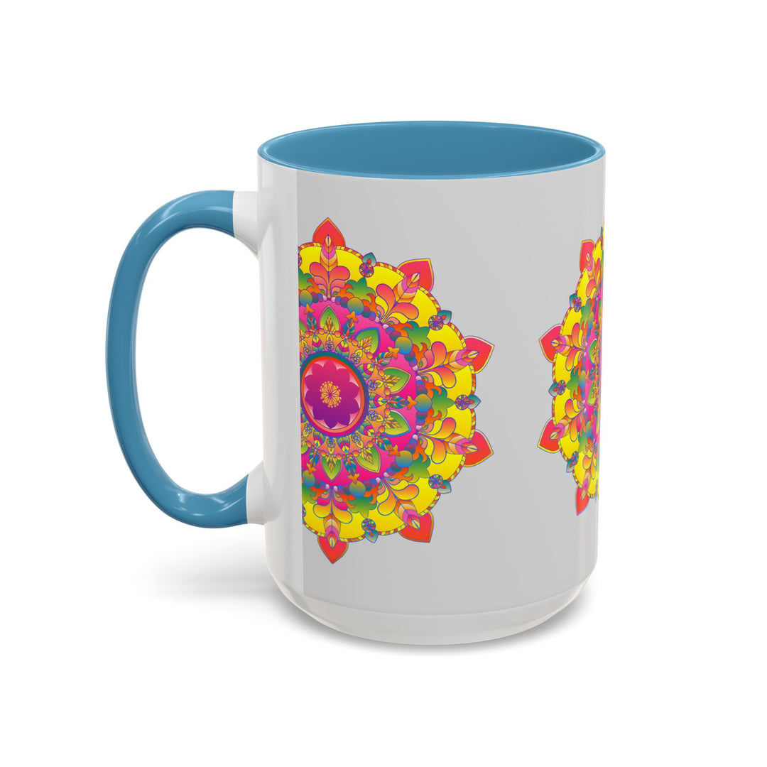 Intricate and colorful Mandala Mug - Vibrant Art on Grey with a vibrant mandala design