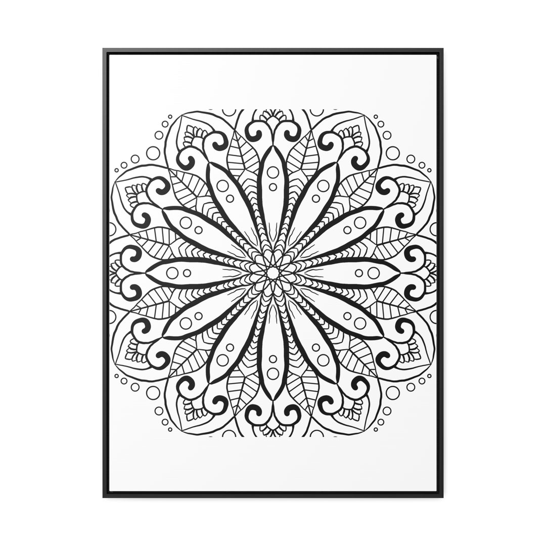 Beautiful handmade mandala art in black and white, displayed on gallery canvas wraps with a vertical frame