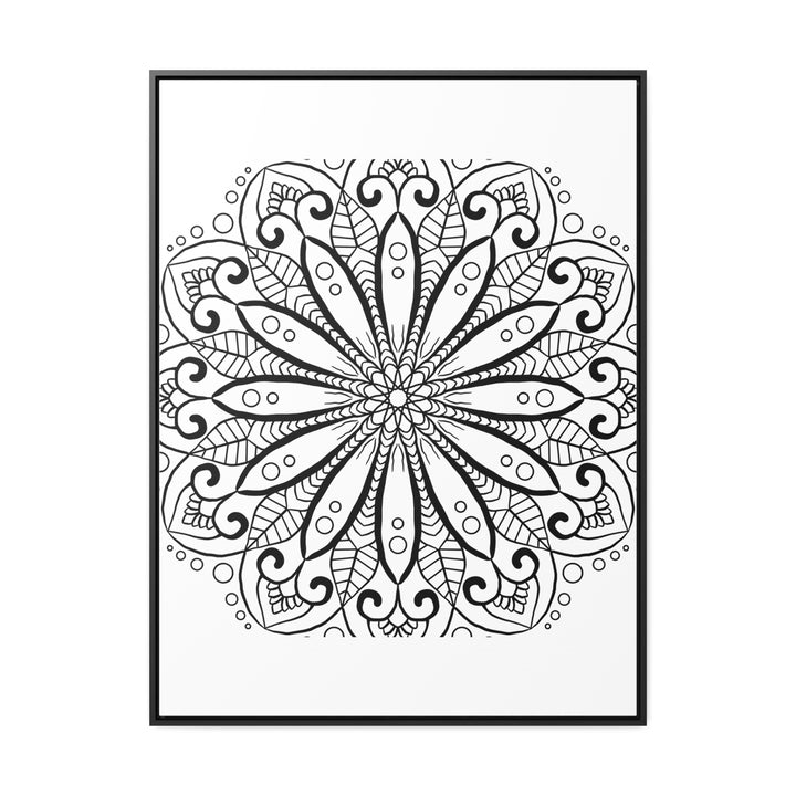 Beautiful handmade mandala art in black and white, displayed on gallery canvas wraps with a vertical frame