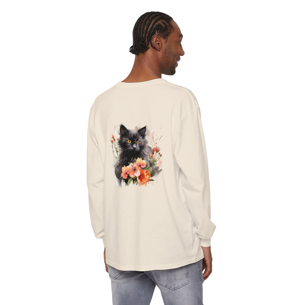 Black cat with colorful flowers watercolor design on white t-shirt