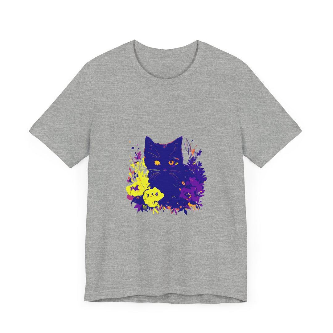 Black Cat Mystery Neon Flower T-Shirt with vibrant floral design and feline silhouette