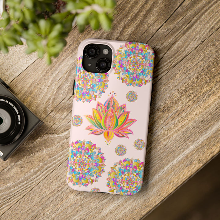 Beautiful light pink phone case with intricate lotus flower mandala design