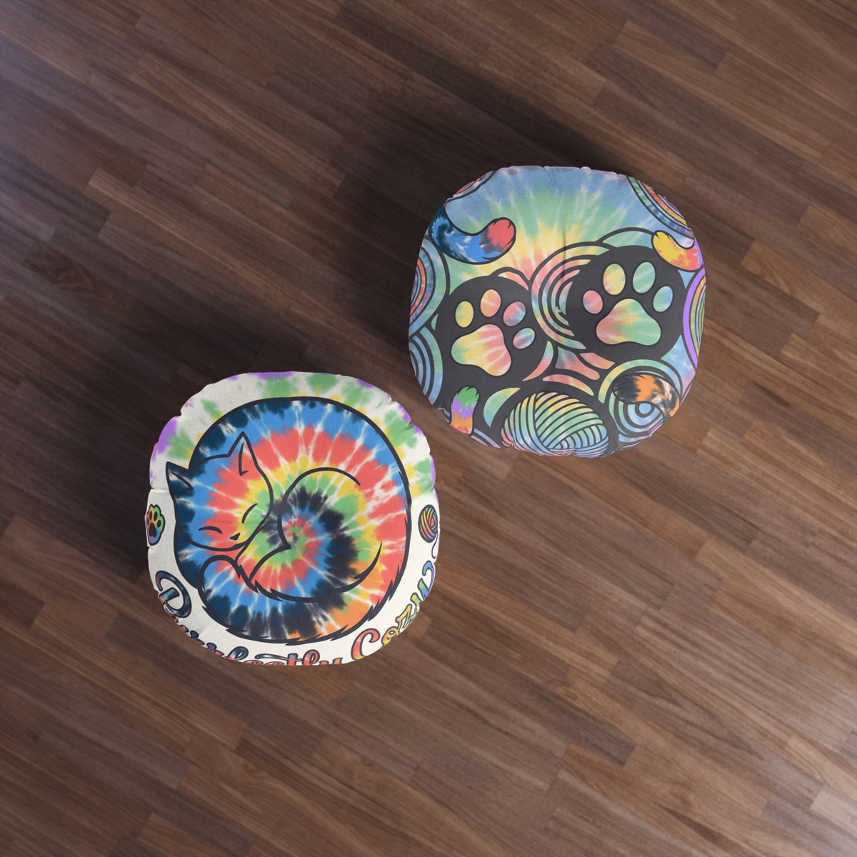 Purrfectly Cozy Cat Floor Pillow — Tie-Dye Round Cushion