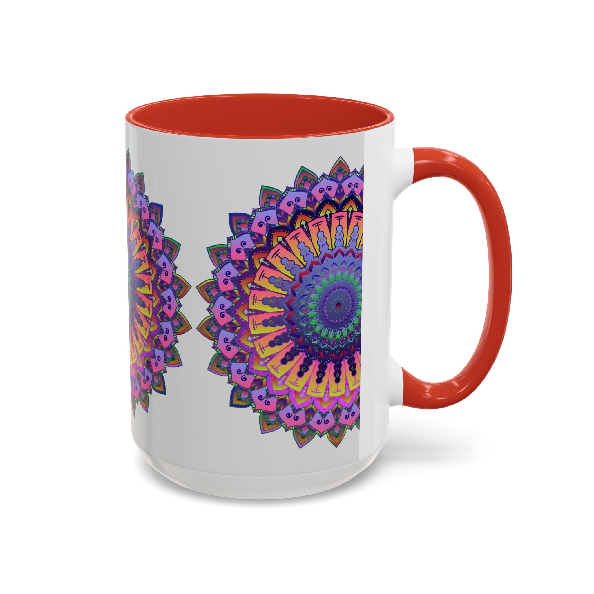 Colorful mandala design on a grey ceramic mug, perfect for enjoying your favorite hot beverages