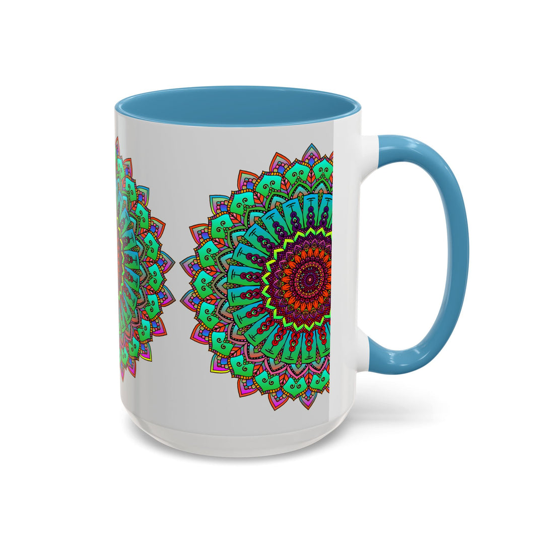 Beautiful light grey mug with colorful mandala art design, perfect for sipping your favorite hot beverages in style