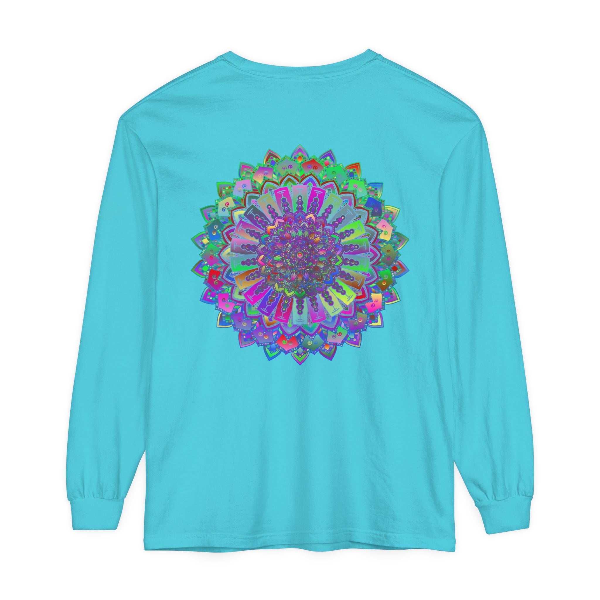 Colorful long sleeve t-shirt with intricate mandala design in vibrant hues