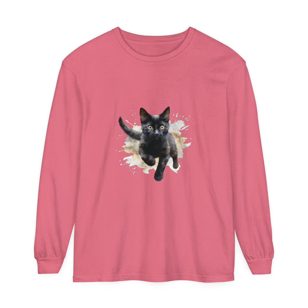 Black Cat Watercolor Splash T-Shirt on white background with vibrant colors and splatter design