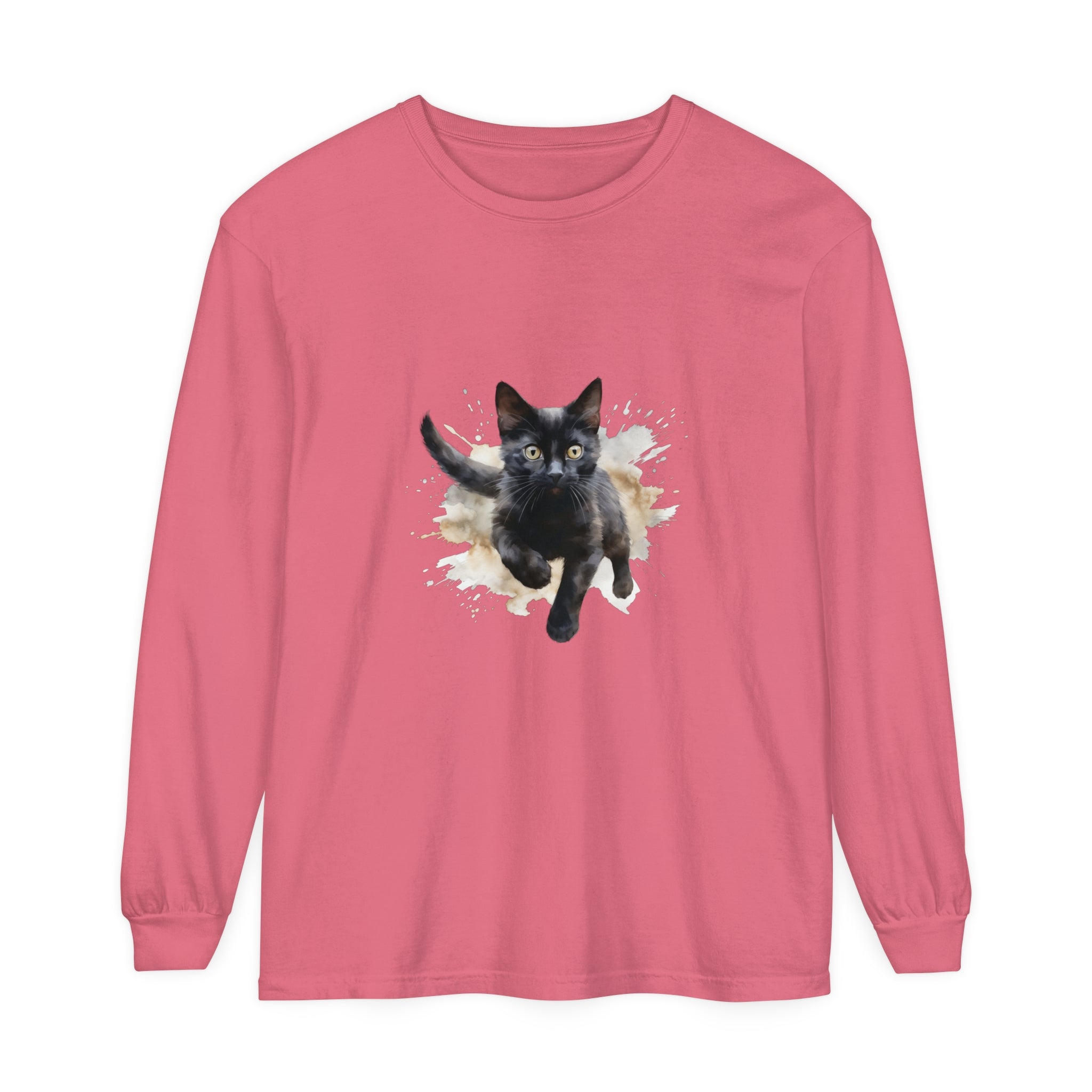 Black Cat Watercolor Splash T-Shirt on white background with vibrant colors and splatter design