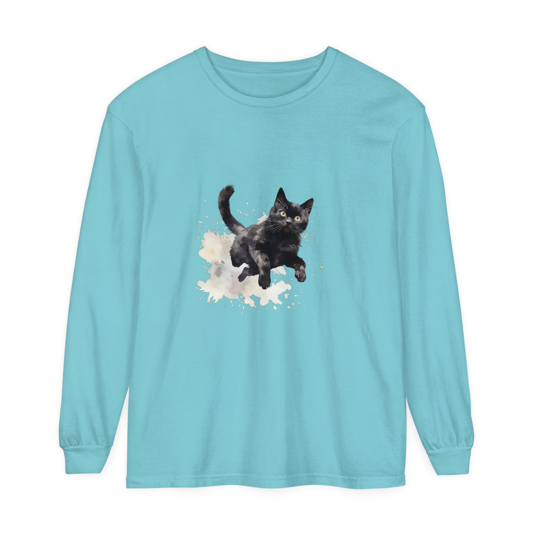 Black Cat Watercolor Splash T-Shirt with vibrant colors and cute feline design