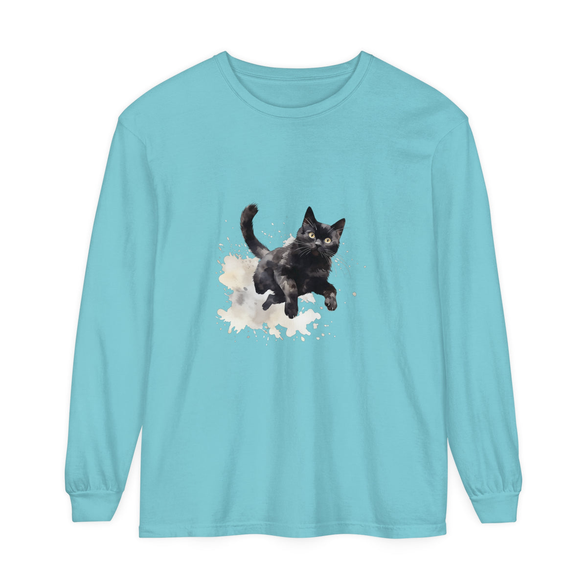 Black Cat Watercolor Splash T-Shirt with vibrant colors and cute feline design