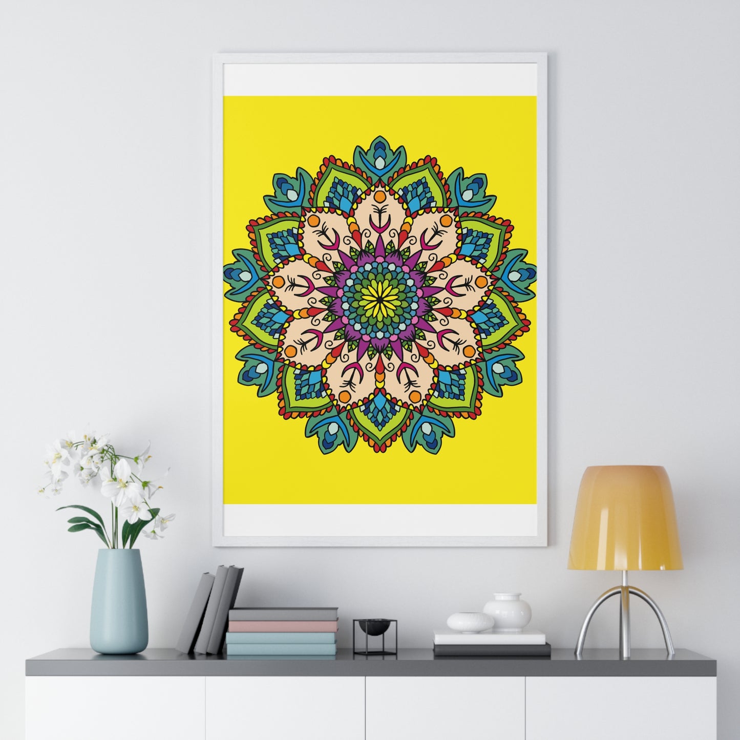 Vertical framed poster featuring a hand-drawn yellow mandala art, perfect for mindfulness and yoga practices